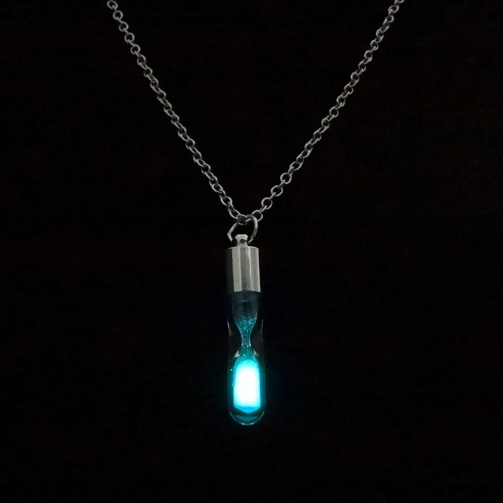 Glow In The Dark hourglass Necklace Glass Pendant Silver Chain Luminous Jewelry