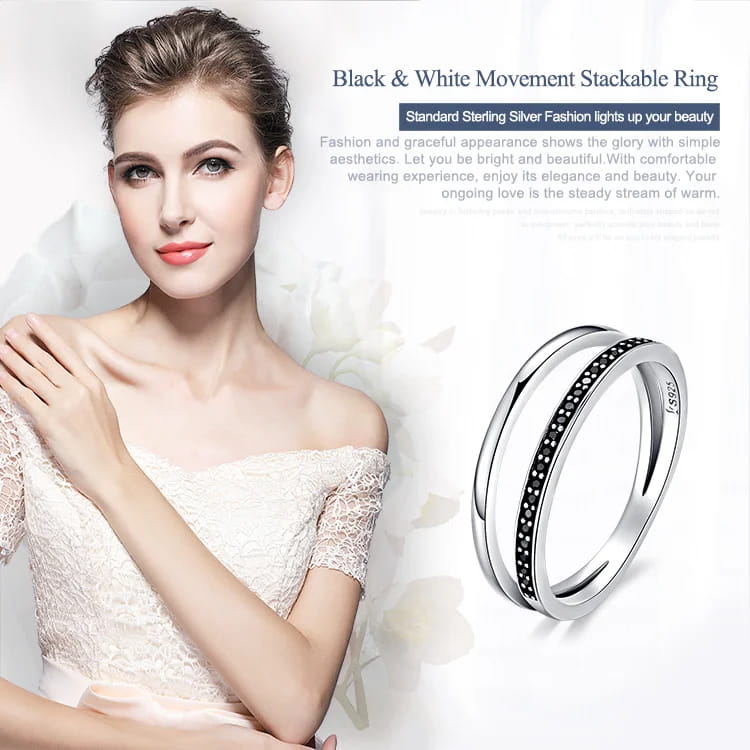 BAMOER 925 Sterling Silver Double Circle Black Clear CZ Stackable Finger Ring SCR082