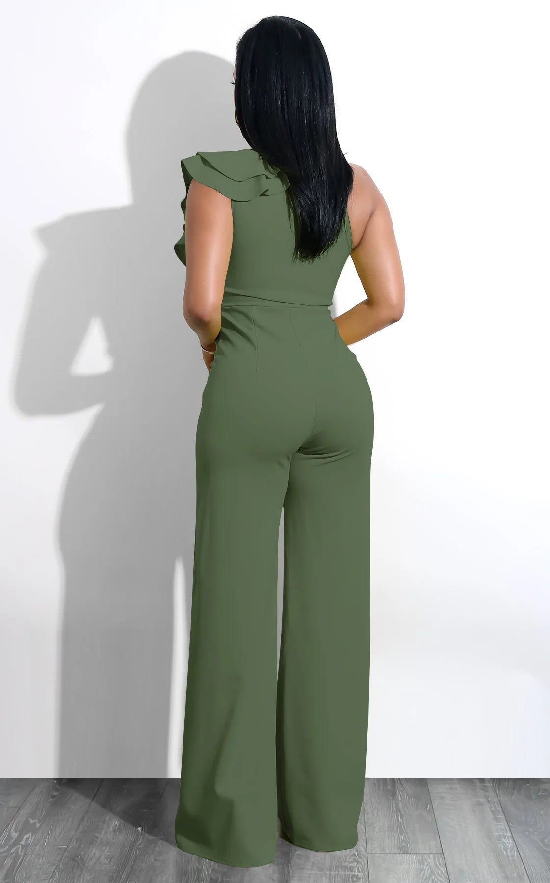 One Shoulder Ruffles Jumpsuits For Women Fashion V Neck Long Wide Leg Pants