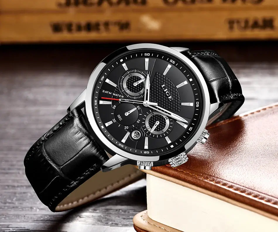 2023 New Mens Watches LIGE Top Brand Leather Chronograph Waterproof Sport Automatic Date Quartz Watch For Men Relogio