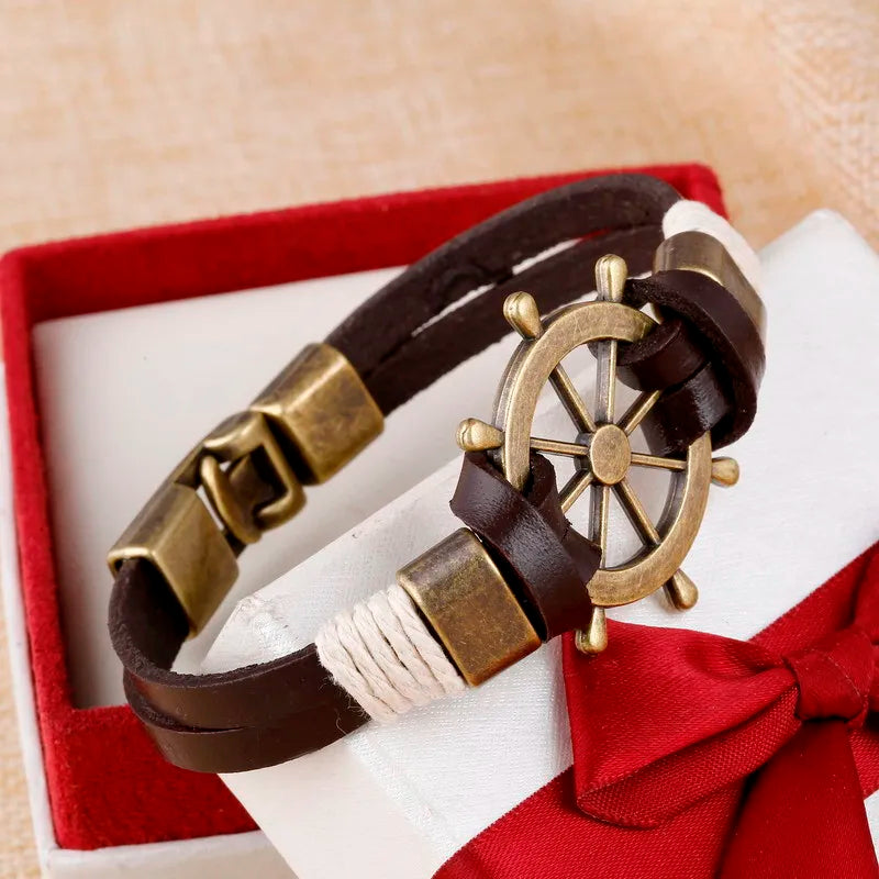 Wholesale Cuff braided Wrap Bracelet & Bangles Men Jewelry Pirate Genuine Leather Anchor Bracelets Vintage Men’s