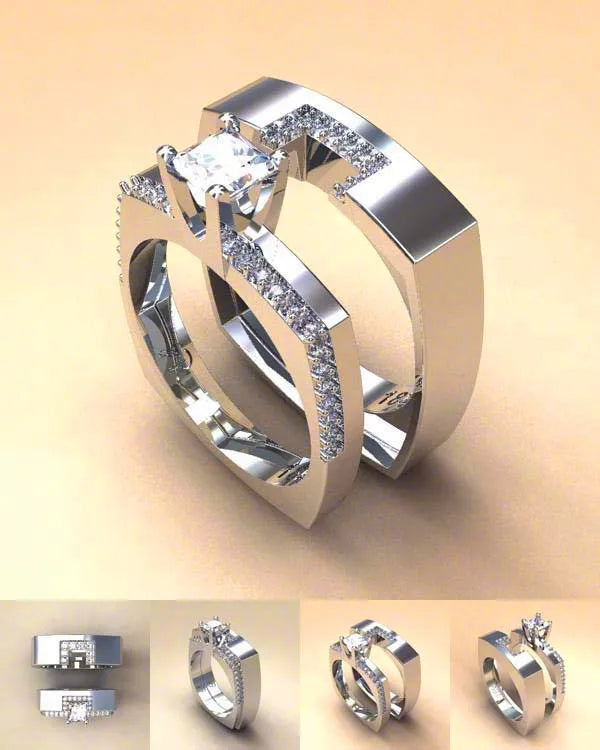 Zircon Stone Ring Set Crystal Silver Color Bridal Wedding Jewelry Promise Engagement Rings For Women