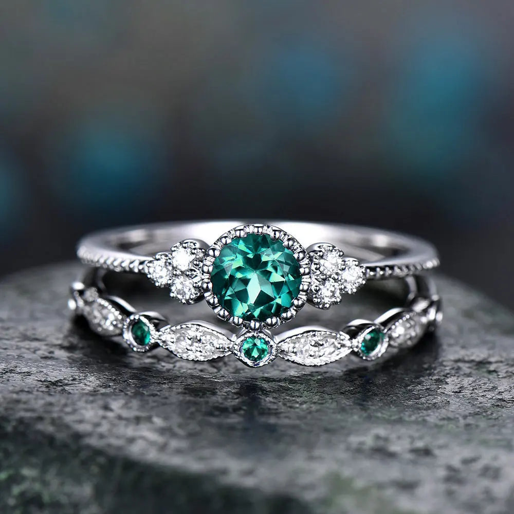 2Pcs/Set 2018 Luxury Green Blue Stone Crystal Rings For Women Sliver Color Wedding Engagement Jewelry Dropship bagues