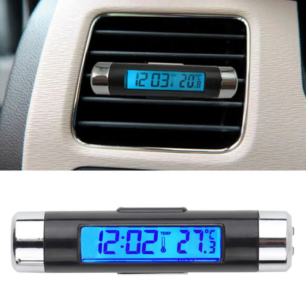2in1 Car Auto LCD Clip-on Digital Temperature Thermometer Clock Calendar Automotive Blue Backlight