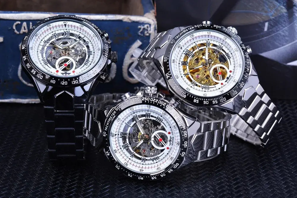Three Winner Mechanical Sport skeleton watches with stainless steel bracelets