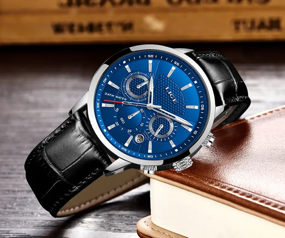 2023 New Mens Watches LIGE Top Brand Leather Chronograph Waterproof Sport Automatic Date Quartz Watch For Men Relogio