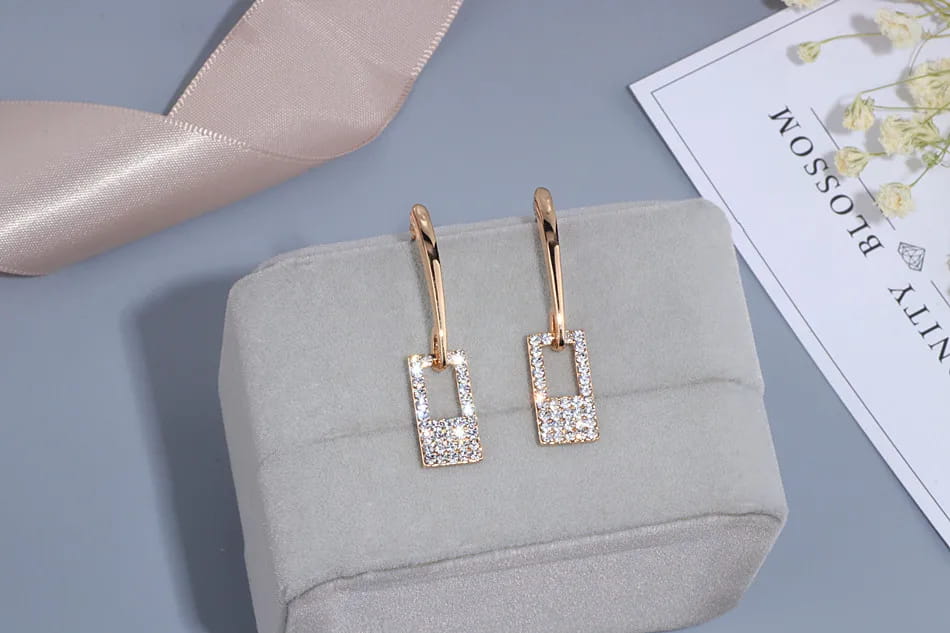 Luxury Classic Gold Color Long Crystal Earring Brincos Simple Geometric Square Drop Earrings