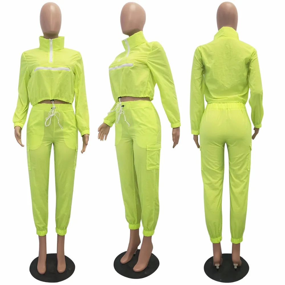 Women zip up neck long sleeve short trench safari pants suits two pieces set
