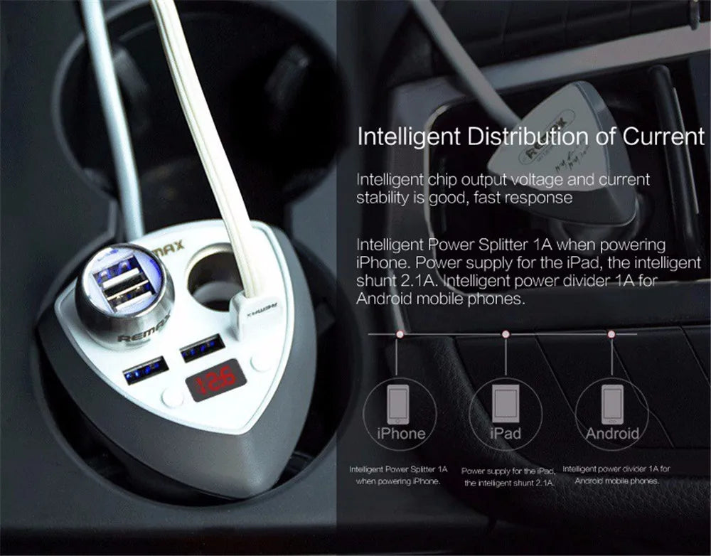 Remax Smart Car Cup 3 USB Charger Cigarette Lighter Voltage Display Plug Socket Splitter