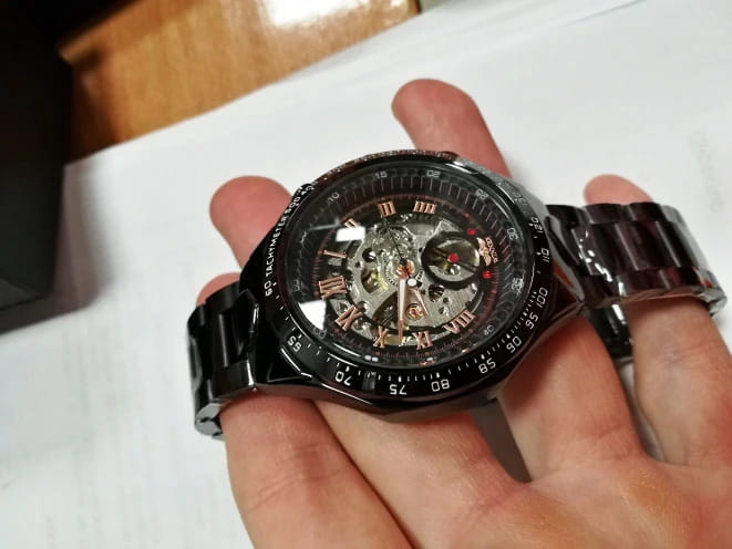 Winner Mechanical Sport black skeleton watch with red accents
