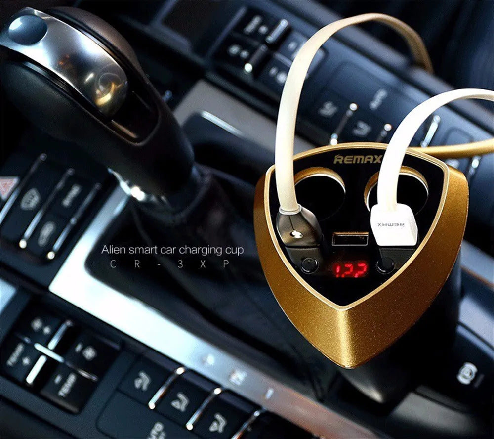 Remax Smart Car Cup 3 USB Charger Cigarette Lighter Voltage Display Plug Socket Splitter