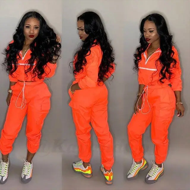 Women zip up neck long sleeve short trench safari pants suits two pieces set