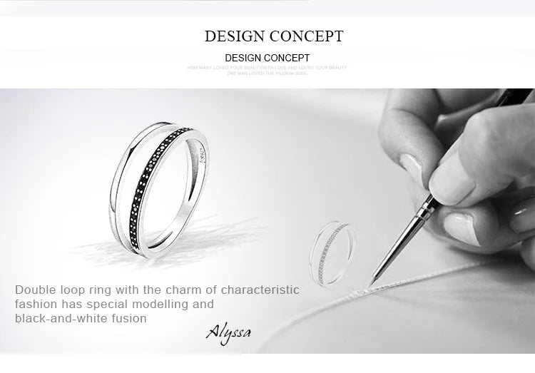 BAMOER 925 Sterling Silver Double Circle Black Clear CZ Stackable Finger Ring SCR082