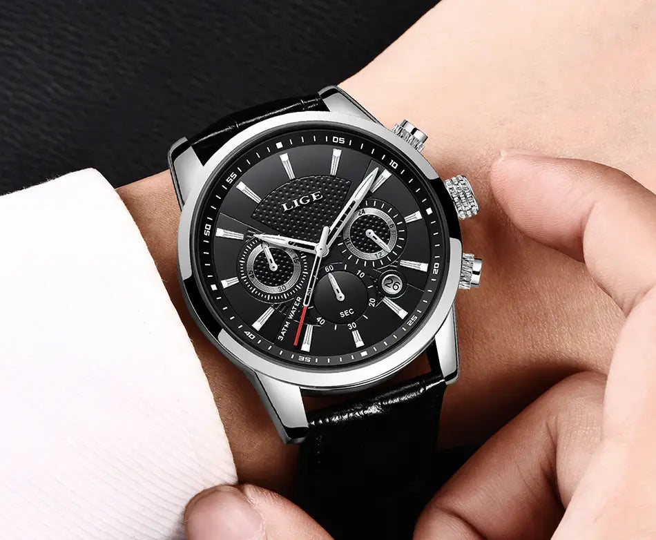 2023 New Mens Watches LIGE Top Brand Leather Chronograph Waterproof Sport Automatic Date Quartz Watch For Men Relogio