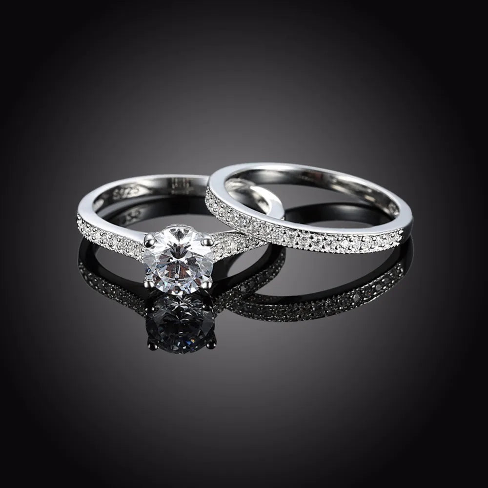 Solid 925 Sterling Silver Ring Sets Engagement Jewelry Classic Fashion
