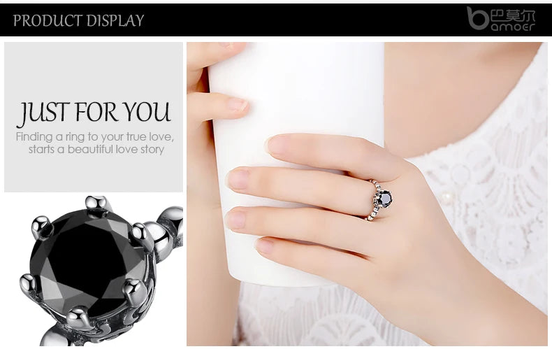 BAMOER Finger Ring with Black Cubic Zirconia Wedding Jewelry PA7205