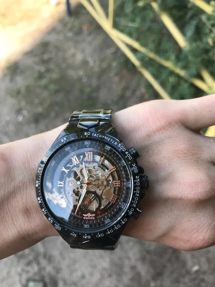Winner mechanical sport black skeleton chronograph watch with gold gears