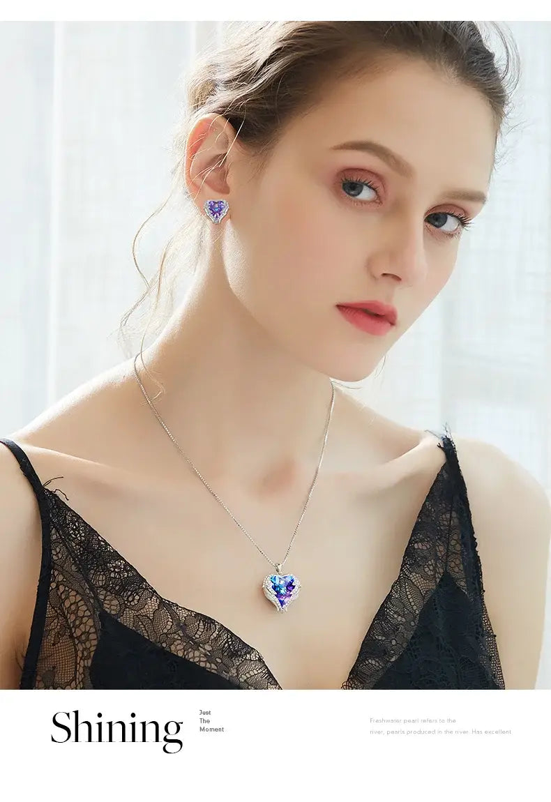 Cdyle Crystals from Swarovski Angel Wings Necklaces Earrings Purple Blue Crystal Heart Pendant Jewelry Set For Women
