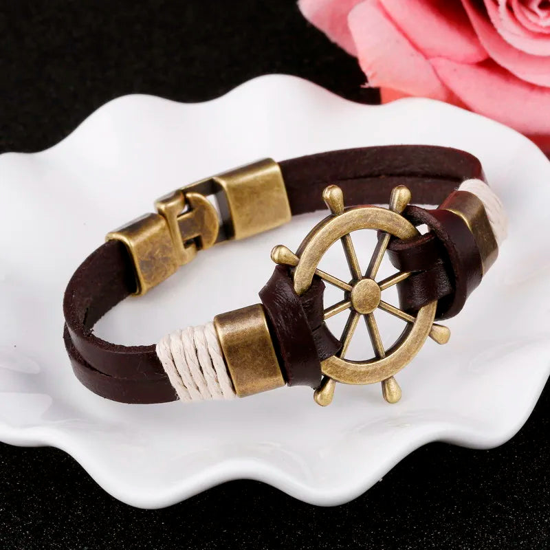 Wholesale Cuff braided Wrap Bracelet & Bangles Men Jewelry Pirate Genuine Leather Anchor Bracelets Vintage Men’s