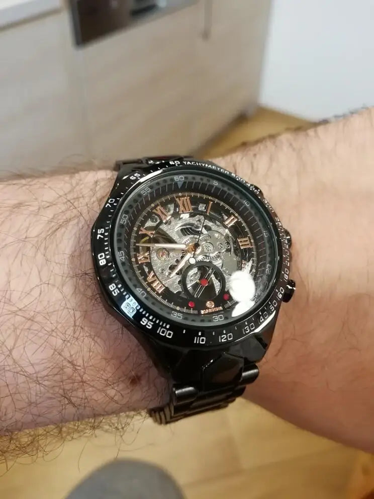 Winner mechanical sport design bezel skeleton watch with roman numerals