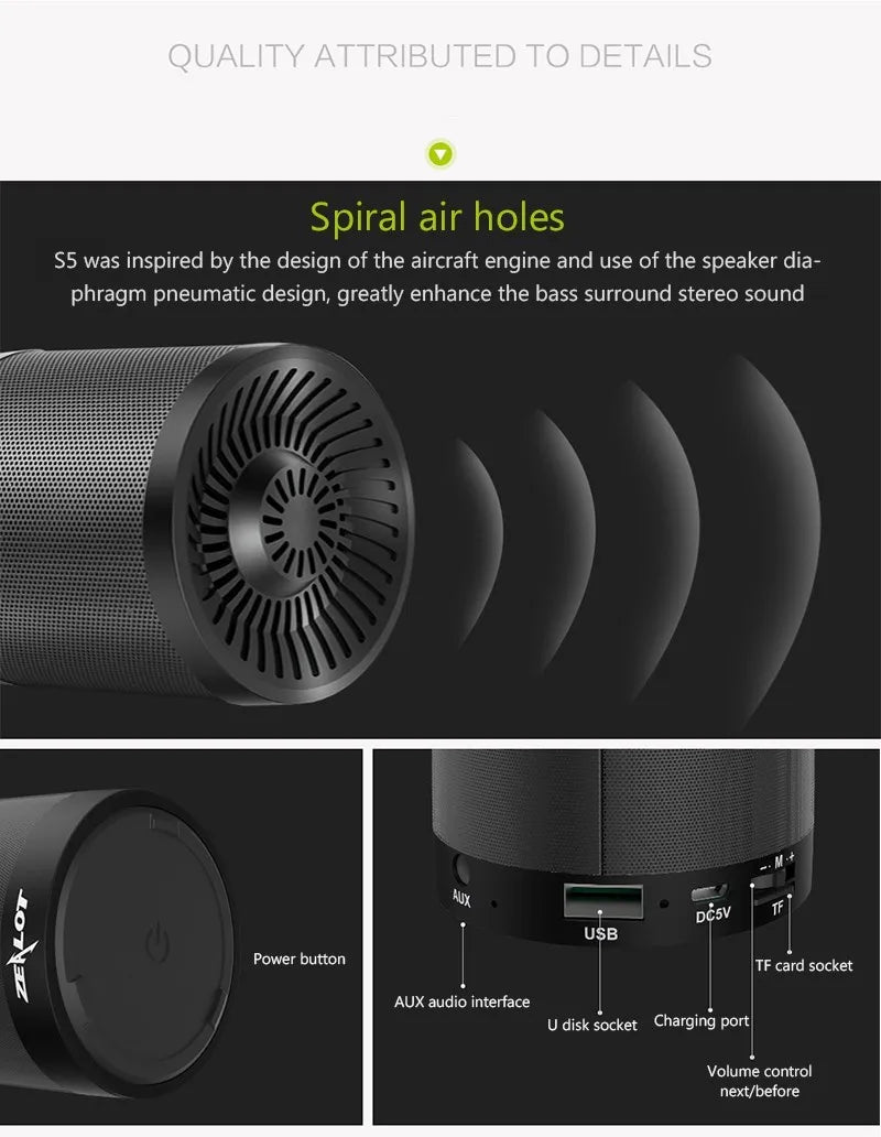ZEALOT S5 Portable Bluetooth Speaker Column Wireless Subwoofer Super Bass Stereo USB TF Card Play With Microphone