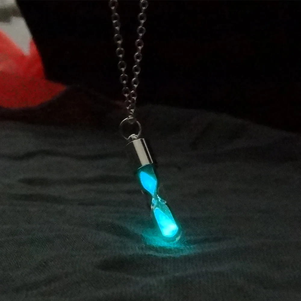 Glow In The Dark hourglass Necklace Glass Pendant Silver Chain Luminous Jewelry