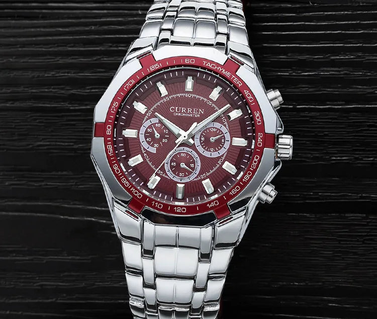 Curren men luxury brand military chronograph watch with burgundy dial