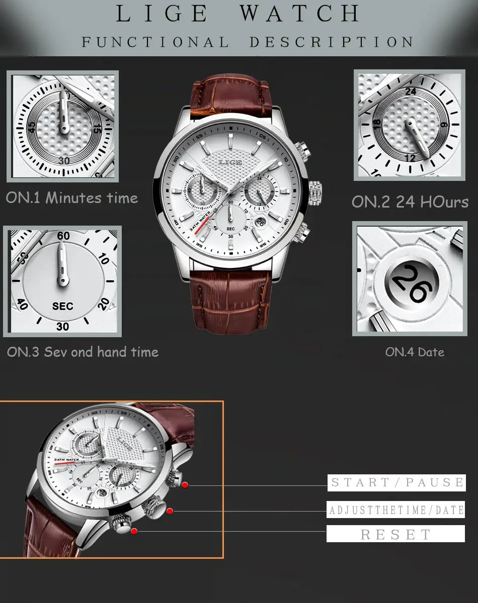 2023 New Mens Watches LIGE Top Brand Leather Chronograph Waterproof Sport Automatic Date Quartz Watch For Men Relogio