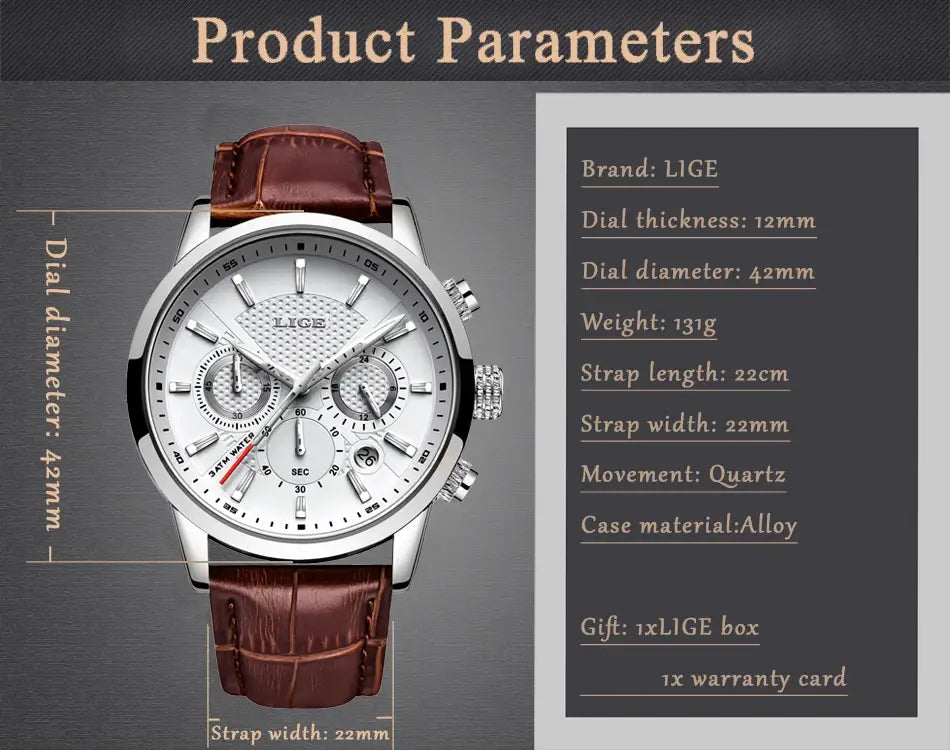 2023 New Mens Watches LIGE Top Brand Leather Chronograph Waterproof Sport Automatic Date Quartz Watch For Men Relogio