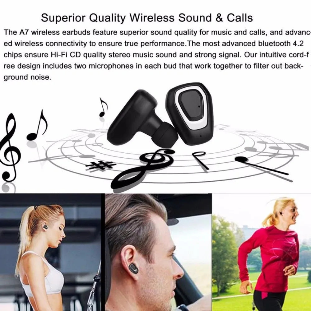 A7 TWS Wireless Bluetooth Headset Stereo Handfree Sports Earphone With Charging Box For iphone Android PK X2T i7/i7s
