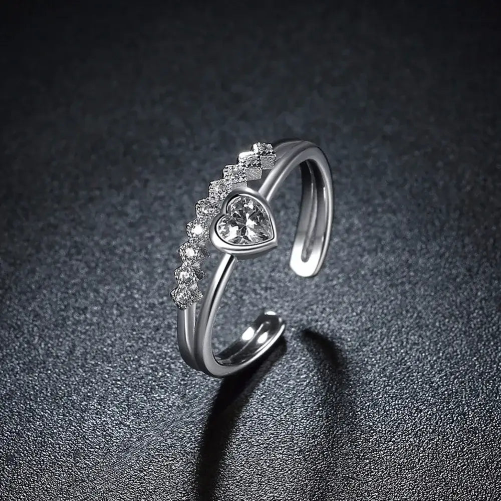 Wedding Jewelry 925 Sterling Silver Heart Zirconia Adjustable Love Rings