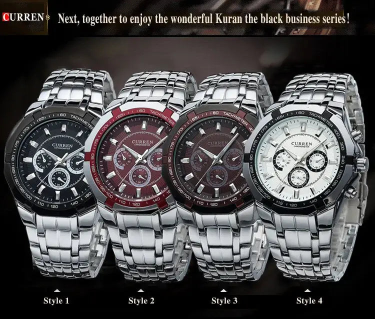 Curren men luxury brand military chronograph watches with stainless steel cases and multi-dial faces.