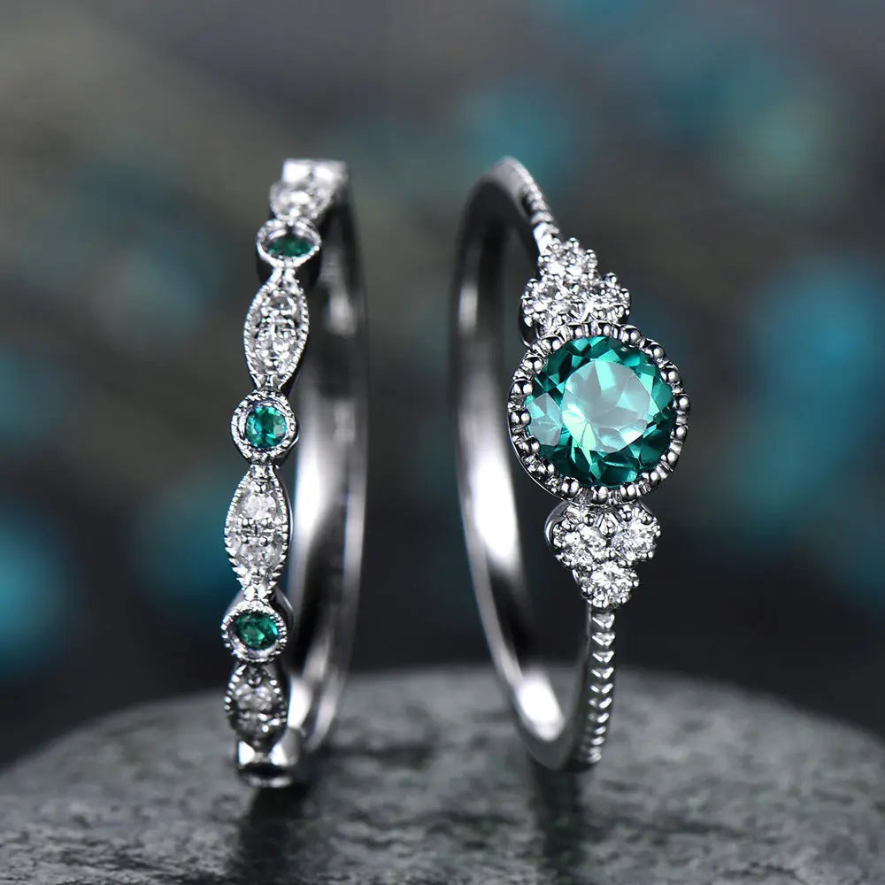 2Pcs/Set 2018 Luxury Green Blue Stone Crystal Rings For Women Sliver Color Wedding Engagement Jewelry Dropship bagues