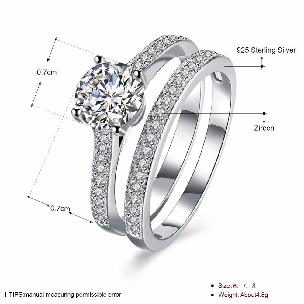 Solid 925 Sterling Silver Ring Sets Engagement Jewelry Classic Fashion