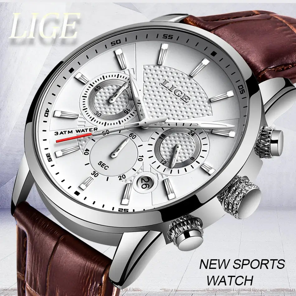 2023 New Mens Watches LIGE Top Brand Leather Chronograph Waterproof Sport Automatic Date Quartz Watch For Men Relogio