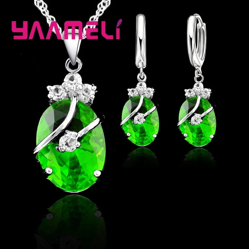 New Fashion Vintage Jewelry Sets For Women 925 Sterling Silver Crystal Stone Pendant Charms Wedding Necklace Hoop