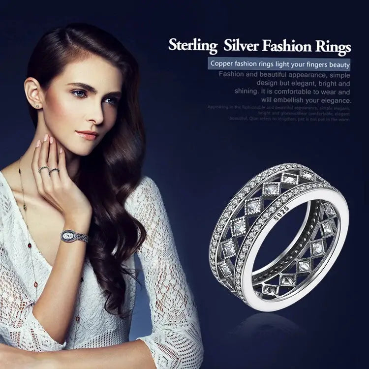BAMOER 925 Sterling Silver Square Vintage Fascination Clear CZ Big Ring PA7601