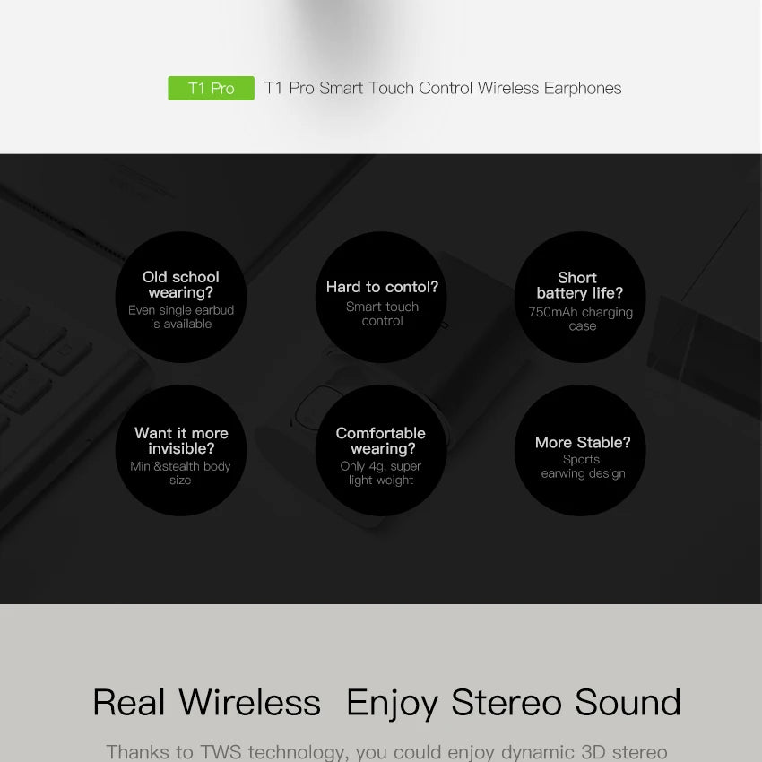 IPX4 Waterproof QCY T1 PRO TWS Touch Control Bluetooth Earphones Wireless Headset Noise Cancelling with MIC,750mAh