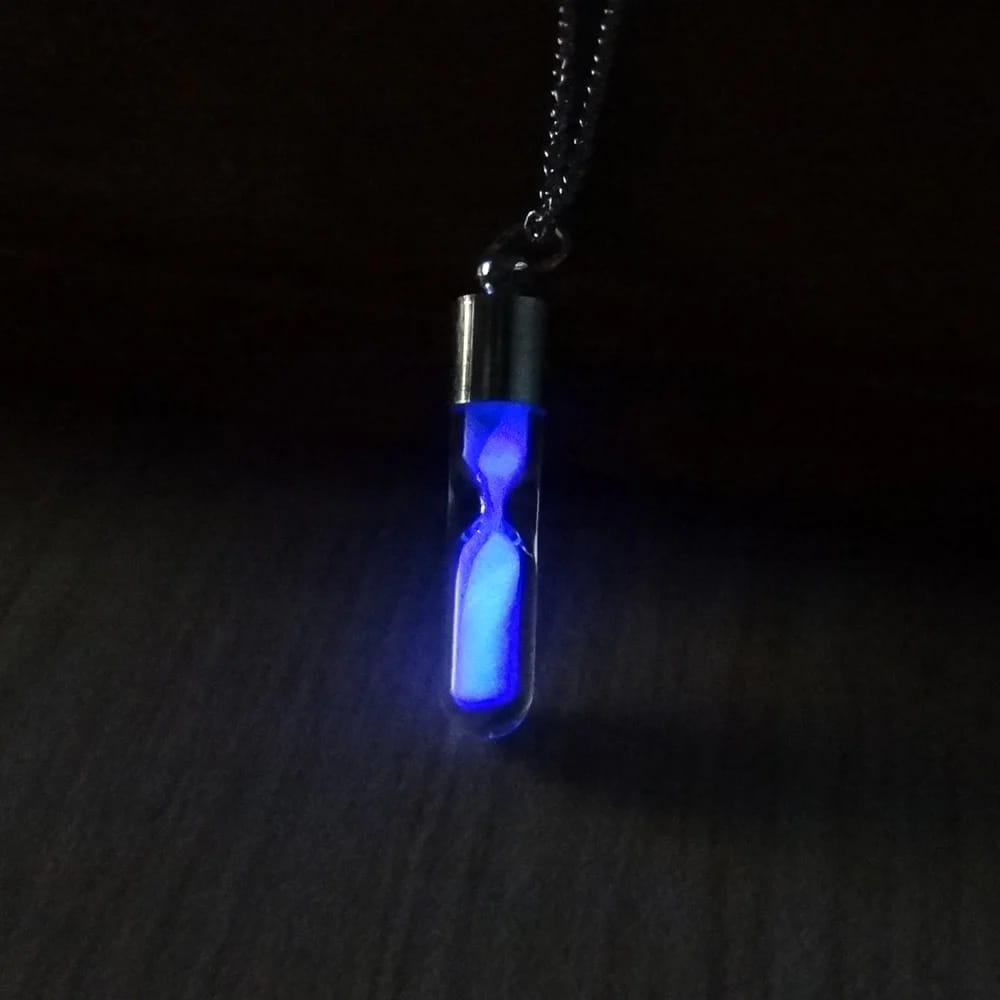 Glow In The Dark hourglass Necklace Glass Pendant Silver Chain Luminous Jewelry