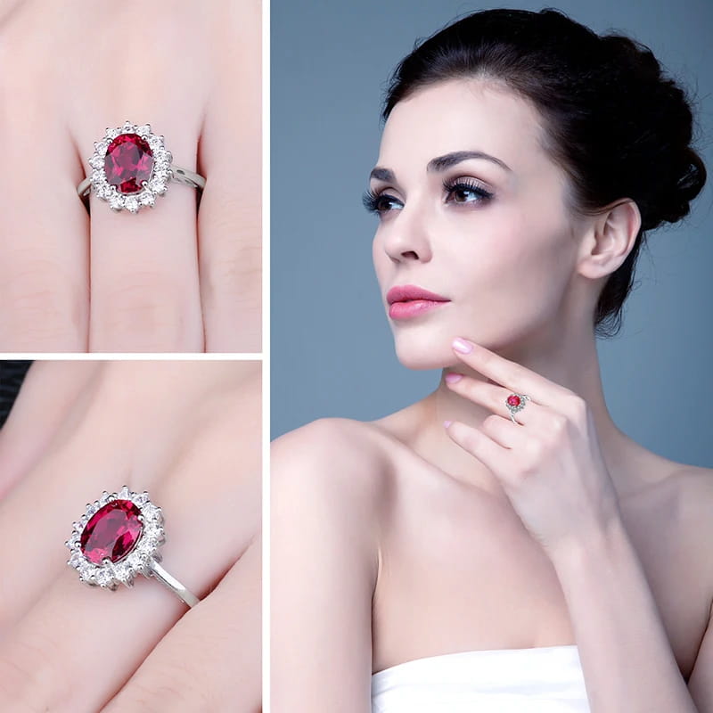 Princess Diana William Engagement Wedding Created Red Ruby Ring Set Pure 925 Sterling Silver Jewelry