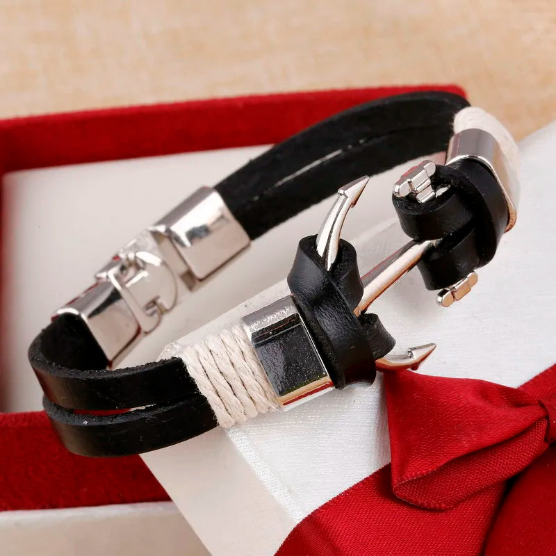 Wholesale Cuff braided Wrap Bracelet & Bangles Men Jewelry Pirate Genuine Leather Anchor Bracelets Vintage Men’s