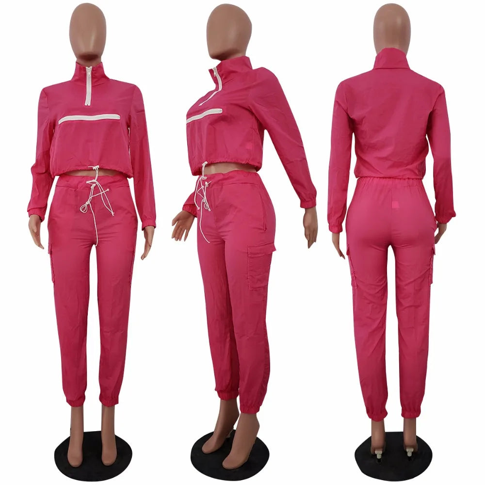 Women zip up neck long sleeve short trench safari pants suits two pieces set