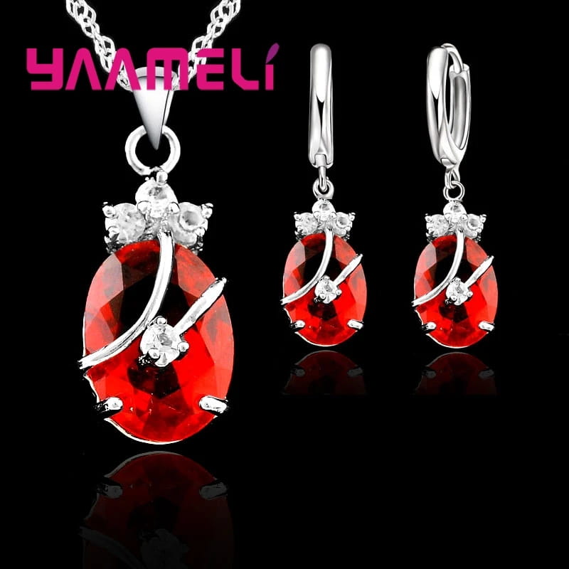 New Fashion Vintage Jewelry Sets For Women 925 Sterling Silver Crystal Stone Pendant Charms Wedding Necklace Hoop
