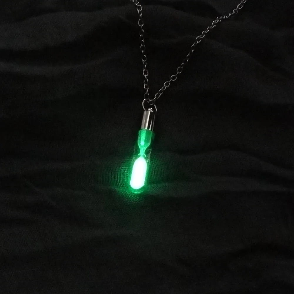 Glow In The Dark hourglass Necklace Glass Pendant Silver Chain Luminous Jewelry