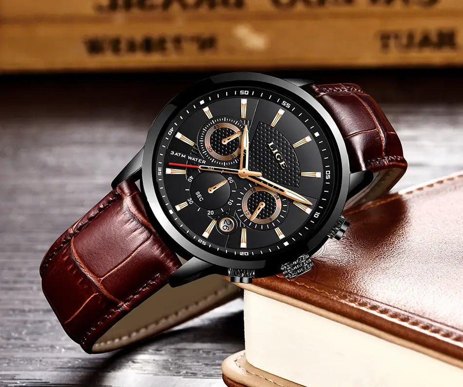 2023 New Mens Watches LIGE Top Brand Leather Chronograph Waterproof Sport Automatic Date Quartz Watch For Men Relogio