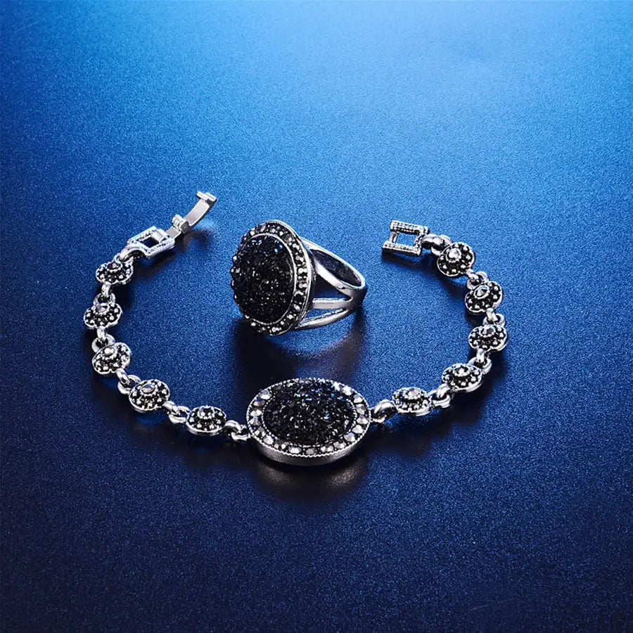 Vintage Black Jewelry Set Crystal Round Stone Pendant Necklace
