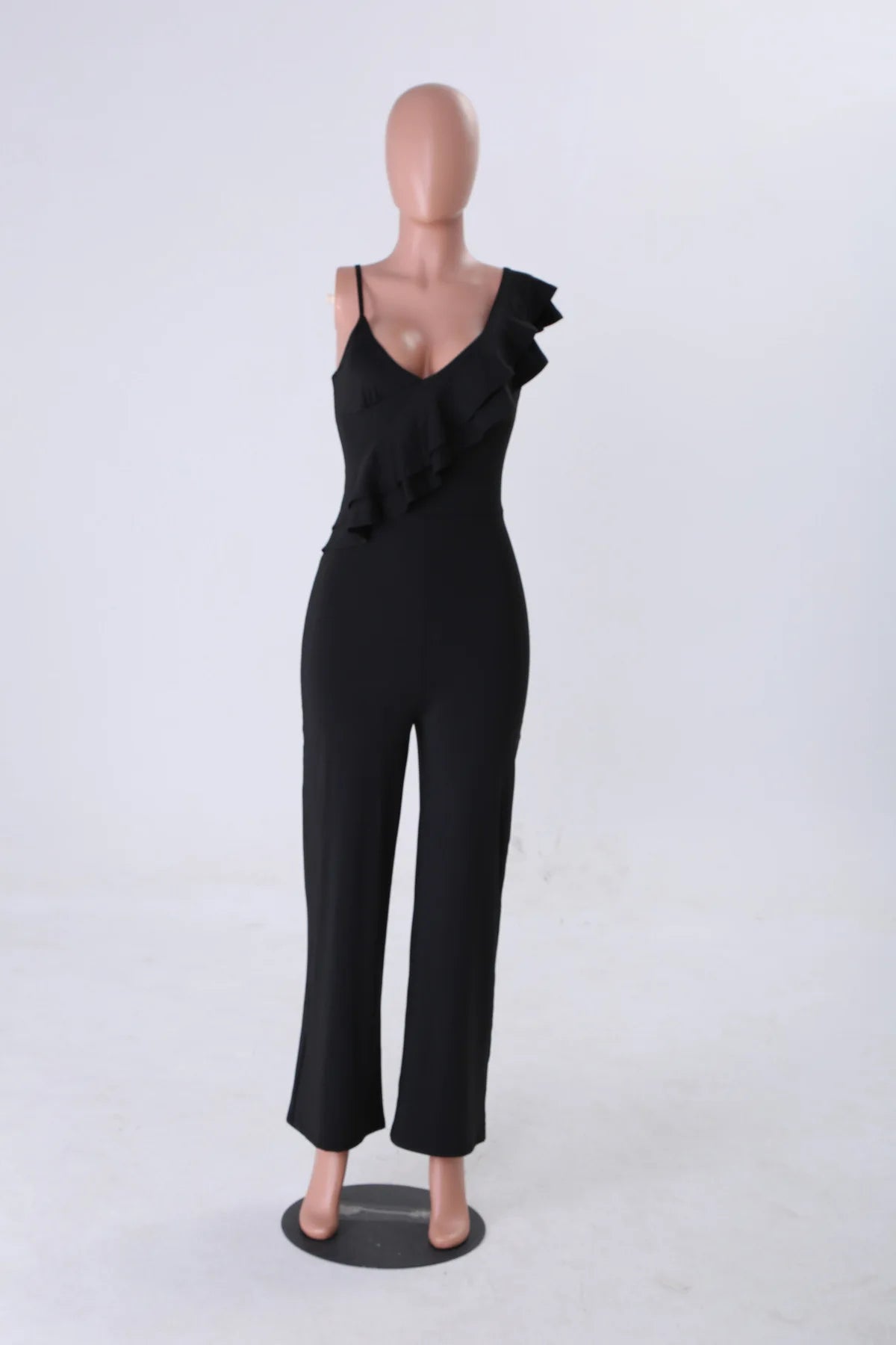 One Shoulder Ruffles Jumpsuits For Women Fashion V Neck Long Wide Leg Pants