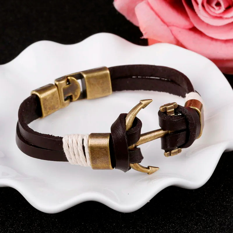 Wholesale Cuff braided Wrap Bracelet & Bangles Men Jewelry Pirate Genuine Leather Anchor Bracelets Vintage Men’s