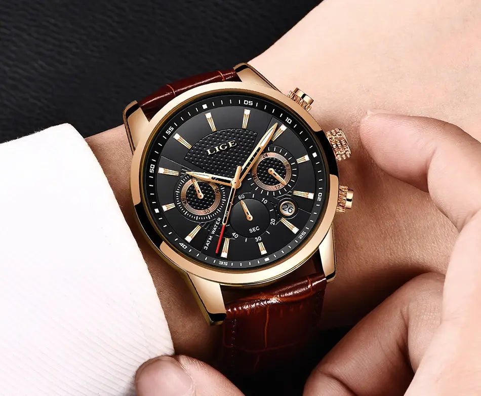 2023 New Mens Watches LIGE Top Brand Leather Chronograph Waterproof Sport Automatic Date Quartz Watch For Men Relogio