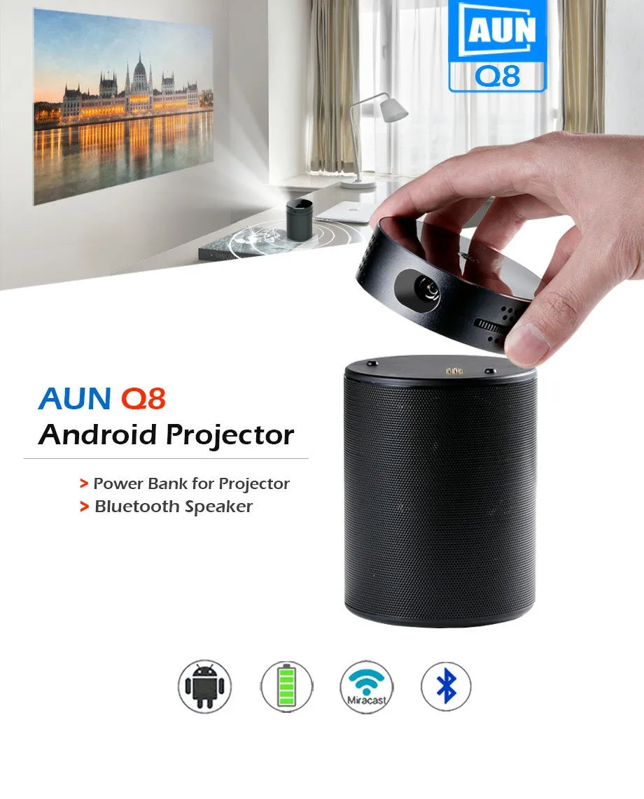 AUN DLP Portable Projector Q8 Set in Android 5.1 WIFI. 10900mAH Battery Power Bank for LED Use as Bluetooth Speaker